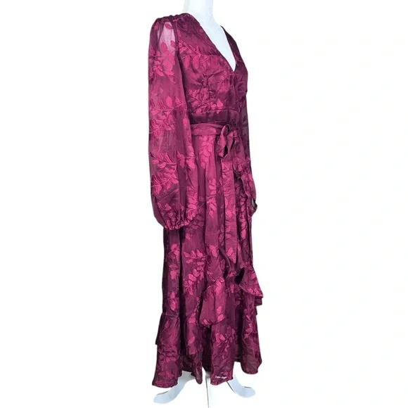 Lulu's Faux Wrap Midi Dress Large Party Holiday Chiffon Embroidered Asymmetrical - Picture 4 of 17